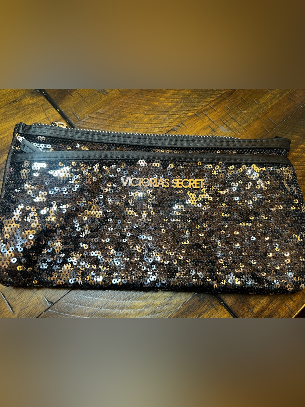 Victoria's Secret Black Sequin Zip Wristlet with Gold Logo